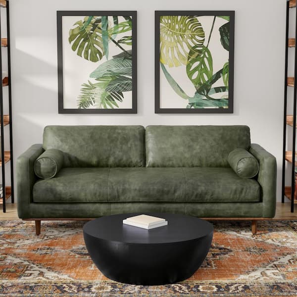 Morrison 89 in. Straight Arm Genuine Leather Wide Rectangle Top Grain Sofa in Moss Green