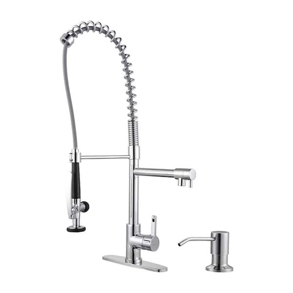 WOWOW Commercial Single-Handle High-Arc Pull Down Sprayer Kitchen Faucet with Soap Dispenser for Restaurant in Polished Chrome