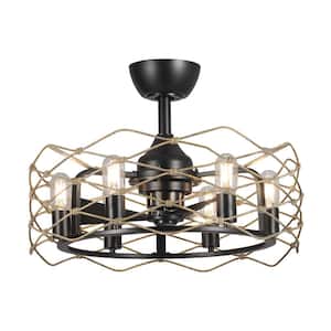 22 in. Indoor Rustic Matte Black Caged Chandelier Ceiling Fan with Remote and Light Kit, Outer Antique Iron Shade