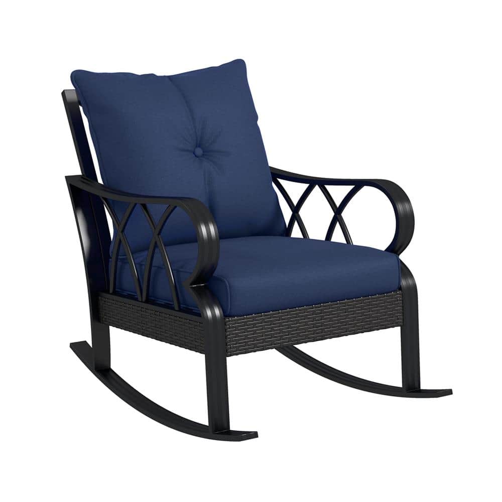 Sudzendf Black Metal Outdoor Rocking Chair with Dark Blue