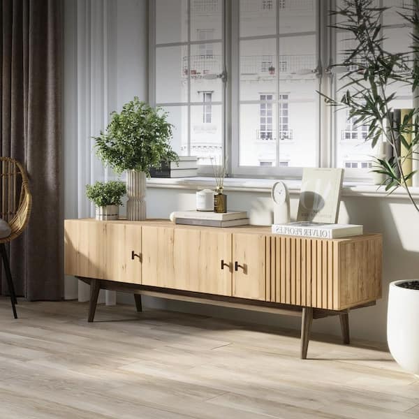 LIVING SKOG Chelsea 59 in. Light Brown TV Stand Fits for TV's up to 65 in. Slatted Design and Wood Legs