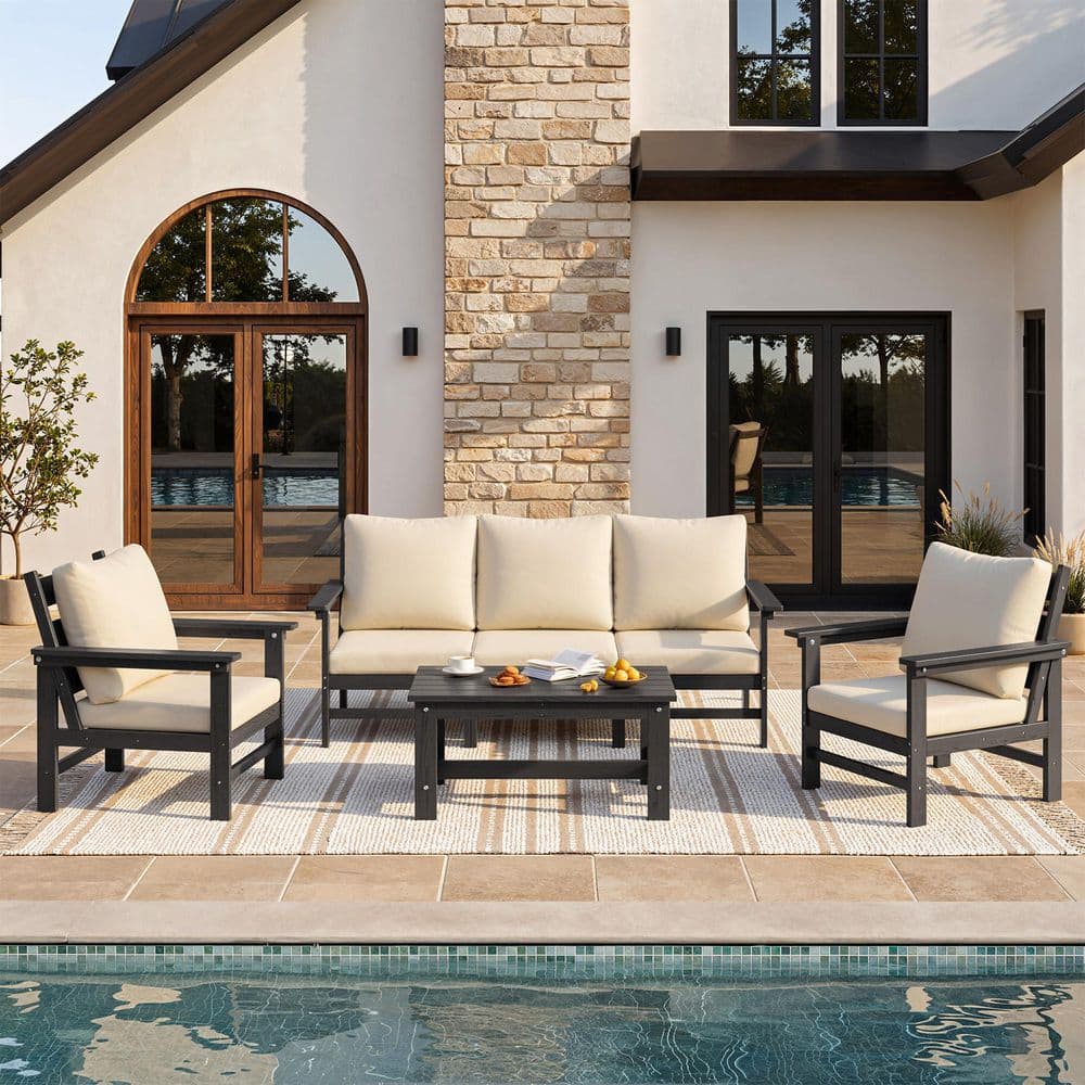 Black 4-Piece Outdoor Patio Conversation Set All-Weather Patio Sofa with Coffee Table & Water-Resistant Beige Cushions price history on PriceWatchPro