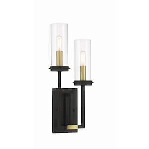 Hillstone 2 Light Sand Black and Soft Brass Wall Sconce with Clear Glass Shades