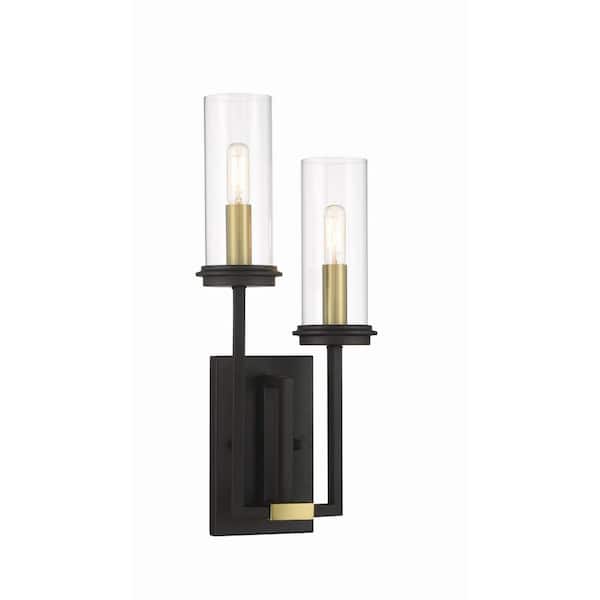 Minka Lavery Hillstone 2-Light Sand Black and Soft Brass Wall Sconce with Clear Glass Shades