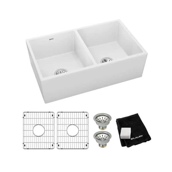 Elkay White Fireclay 33 In Double Bowl Farmhouse Apron Kitchen Sink