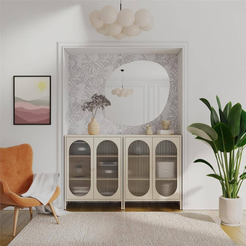 Parchment Metal Accent Cabinet with Fluted Glass Doors