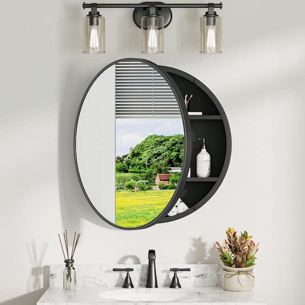26 in. W x 26 in. H Round Black Metal Framed Surface Mount Medicine Cabinet with Mirror