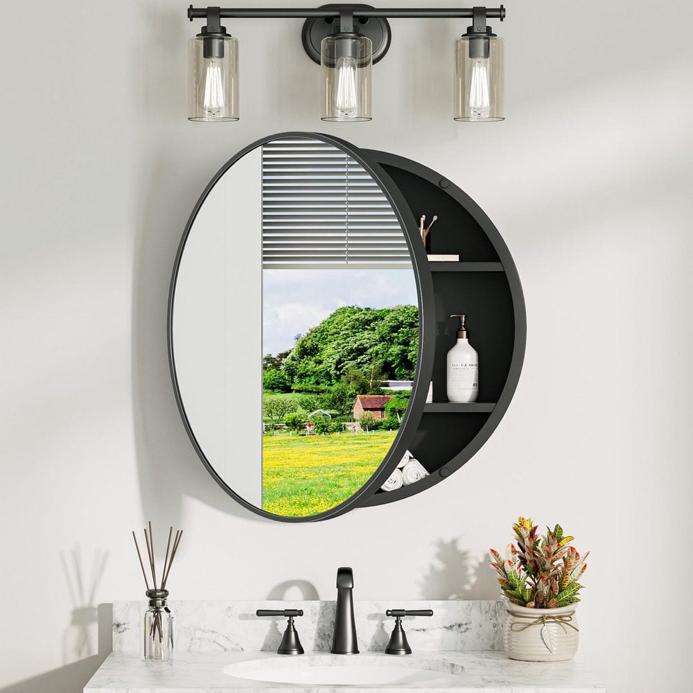26 in. W x 26 in. H Round Black Metal Framed Surface Mount Medicine Cabinet with Mirror price history on PriceWatchPro