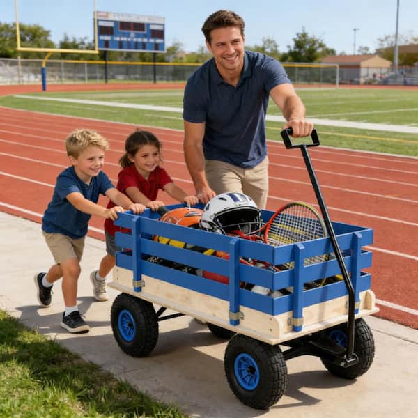 Flynama Blue Wooden Kids Pull Wagon with Removable Side Rails All