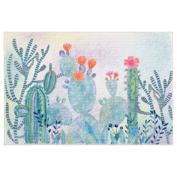 Door And Kitchen Mat Fuchsia/Turquoise 2 ft. x 4 ft. Machine Washable Desert Garden Area Rug