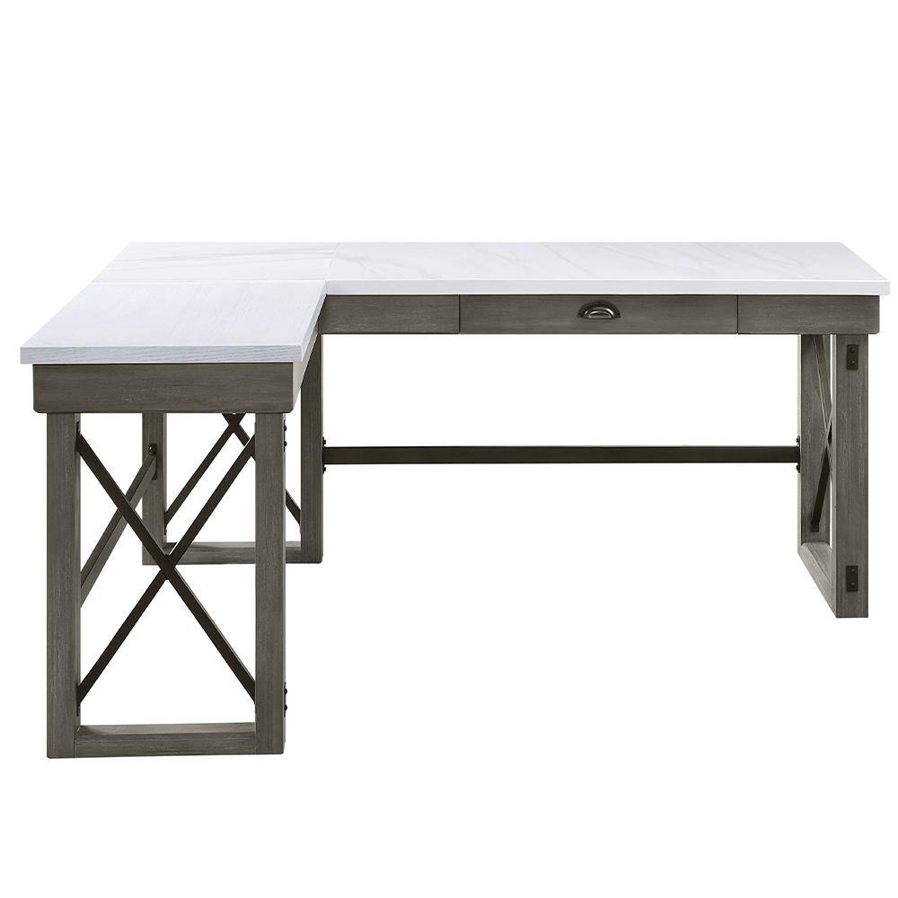 67" Weathered Gray Marble Top Corner Writing Desk with Drawer