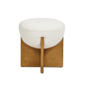 Bali Ivory White Boucle Upholstered Round 18.5 in. Ottoman with Natural Wood Base