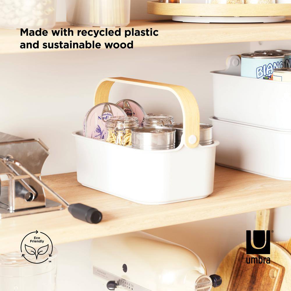 White and Natural Stackable Plastic Organizer Bin with Handle