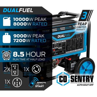 10,000-Watt Dual Fuel with Recoil, Remote and Push Button Start and CO Alert