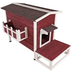 Red Solid Wood Cat House Larger Design for 3 Adult Outdoor Cats Weatherproof