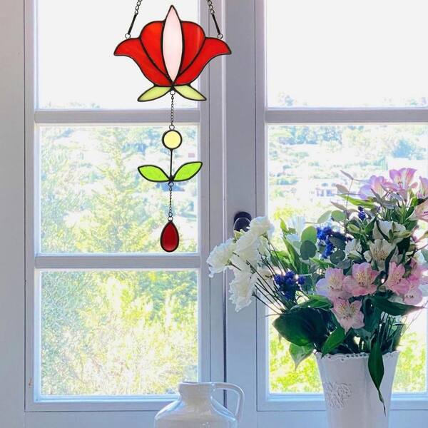 Red Peony Flower Stained Glass Art Glass Window HDFFHQLS7M - The