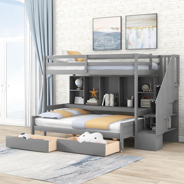 Polibi Gray Twin XL Over Full Bunk Bed with Built-in Storage Shelves, Drawers and Staircase