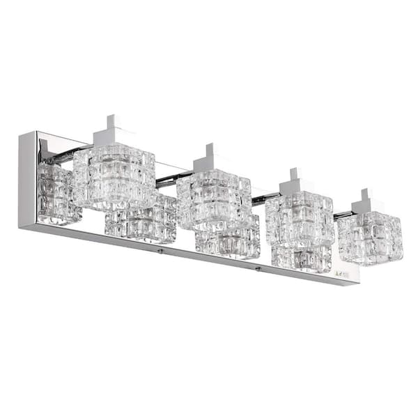26 in. 4-Light Modern Crystal Glass Bathroom Vanity Light, Stainless Steel Wall Fixture with G9 Sockets