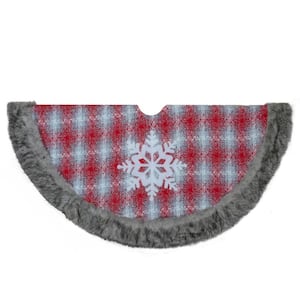 48 in. Red and White Plaid Christmas Tree Skirt with Snowflake