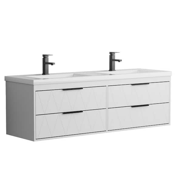 60 in. W x 18.1 in. D x 18.1 in. H 2-Sink Wall Mounted Bath Vanity in White with White Resin Top and Drain Faucet Set