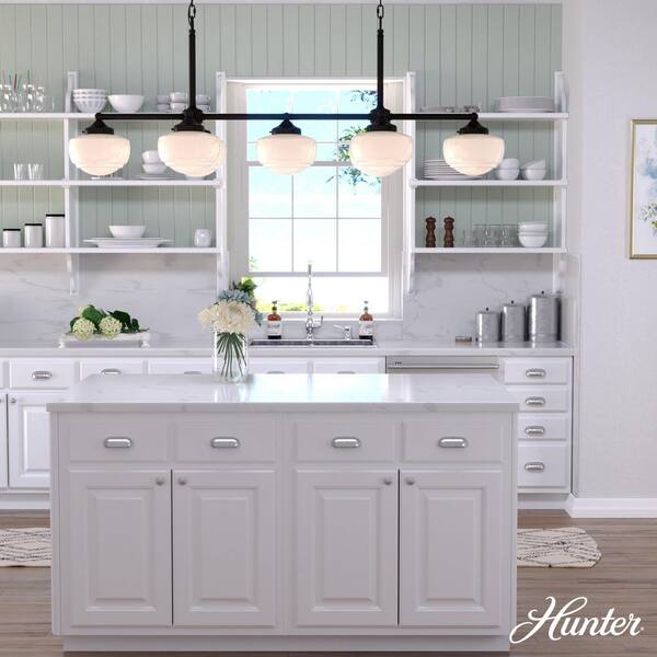 Hunter Saddle Creek 7-Light Noble Bronze Schoolhouse Chandelier with Cased White Glass Shades