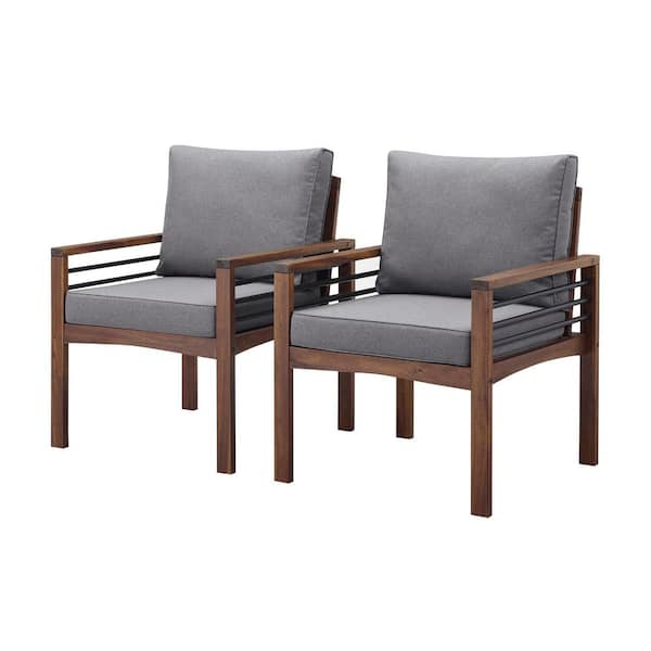Walker Edison Furniture Company Dark Brown Stationary Acacia Solid Wood and Metal Outdoor Club Lounge Chair with Grey Cushions (2-Pack)