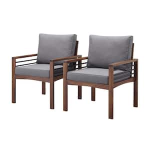 Dark Brown Stationary Acacia Solid Wood and Metal Outdoor Club Lounge Chair with Grey Cushions (2-Pack)