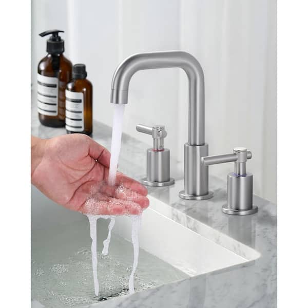 3 Hole 8 in. Widespread Double Handle High Arc Bathroom Faucet with Drain Kit Included and Supply Line in Brushed Nickel