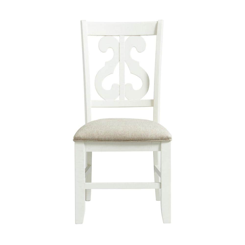 Elegant White Wooden Side Chair with Swirl Back Design and Upholstered Seat