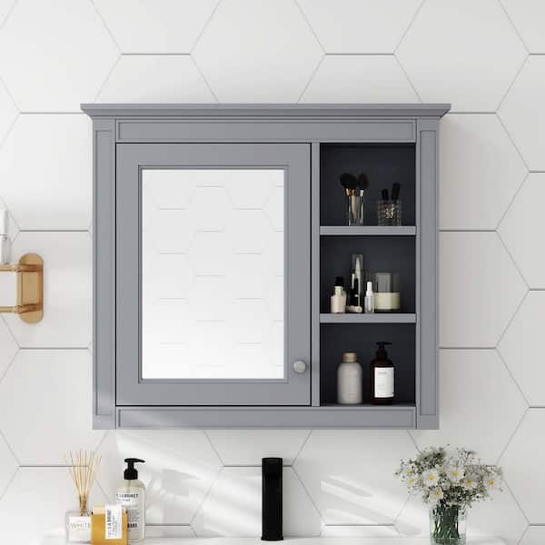 30 in. W x 28 in. H Rectangular MDF Medicine Cabinet with Mirror in Gray, Wall Mounted Bathroom Storage Cabinet