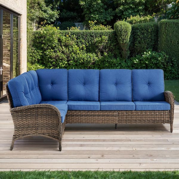 2-Piece Brown Wicker Outdoor Sectional Set with Olefin Blue Cushions and L-Shaped Sofa