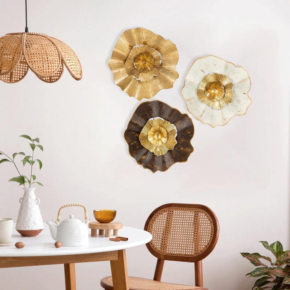 12" Gold and Multicolor Metal Flower Plate Wall Art Set