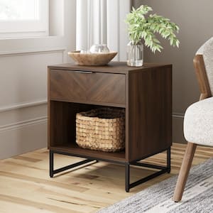 Kensi 19 in. Walnut Rustic Nightstand Side Table Black Matte Metal Base with Cubby for Storage and Drawer