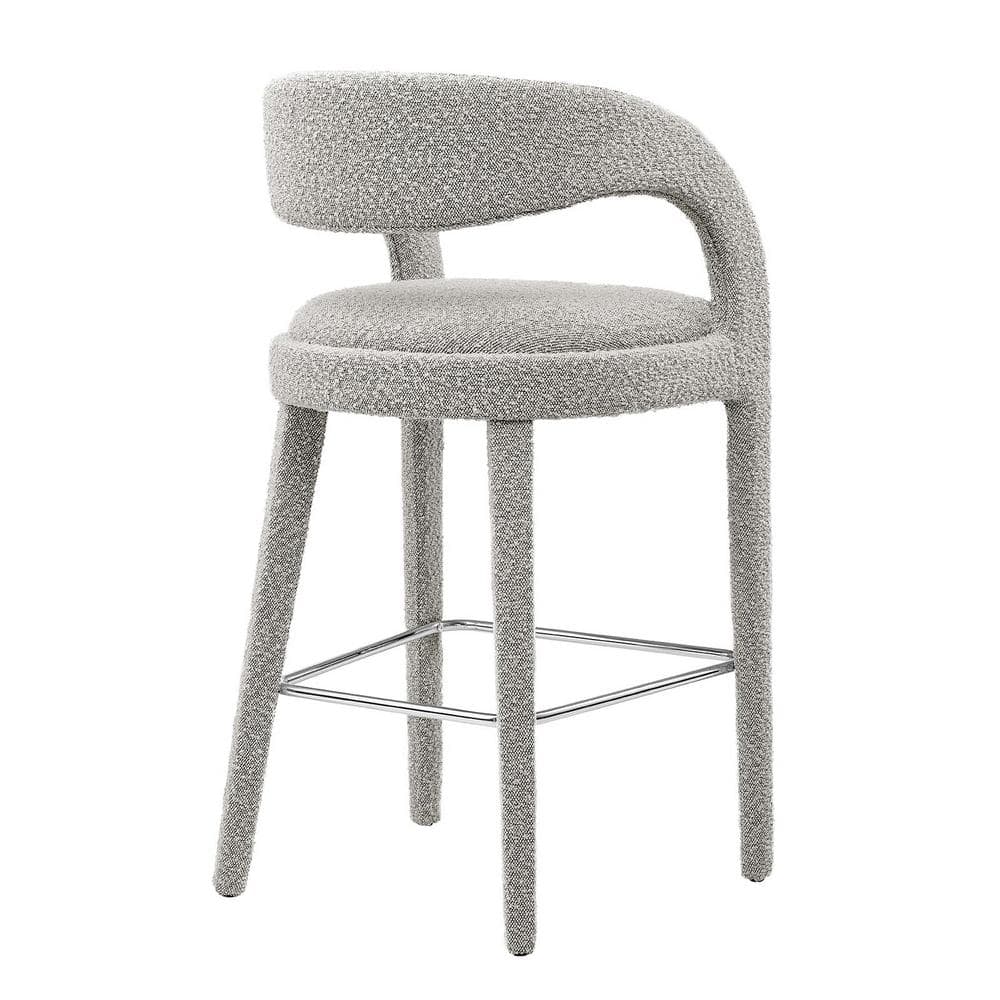Taupe Silver Boucle Upholstered Bar Stools with Metal Legs, Set of Two