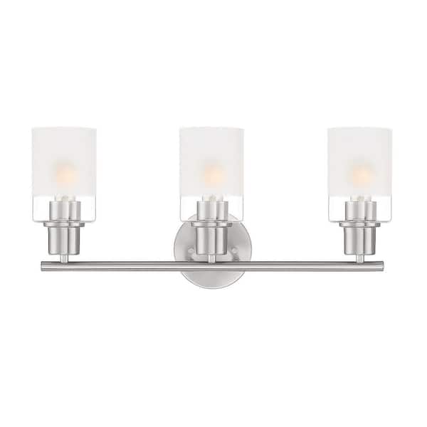 Cedar Lane 22 in. 3-Light Brushed Nickel Modern Vanity Light with Clear and Etched Glass Shades