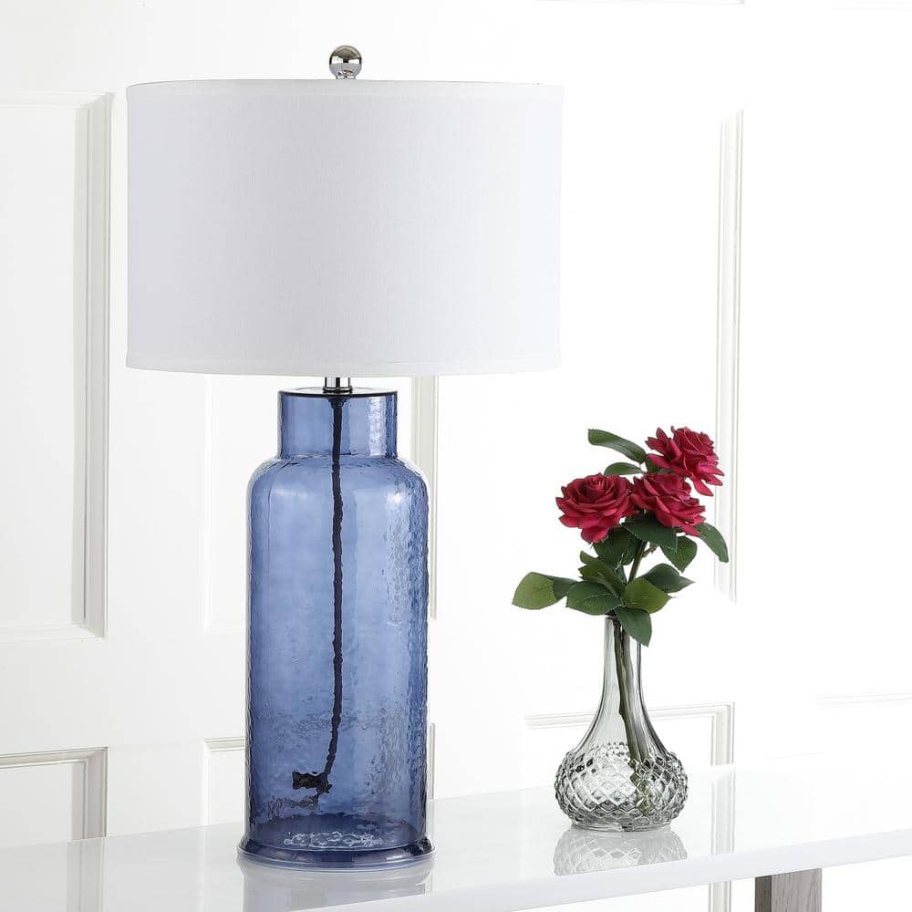 Blue Glass Bottle Table Lamp with Off-White Shade