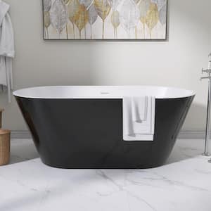 59 in. x 29.5 in. Oval Free Standing Soaking Bath Tub Flat Bottom with Center Drain Freestanding Bathtub in Glossy Black