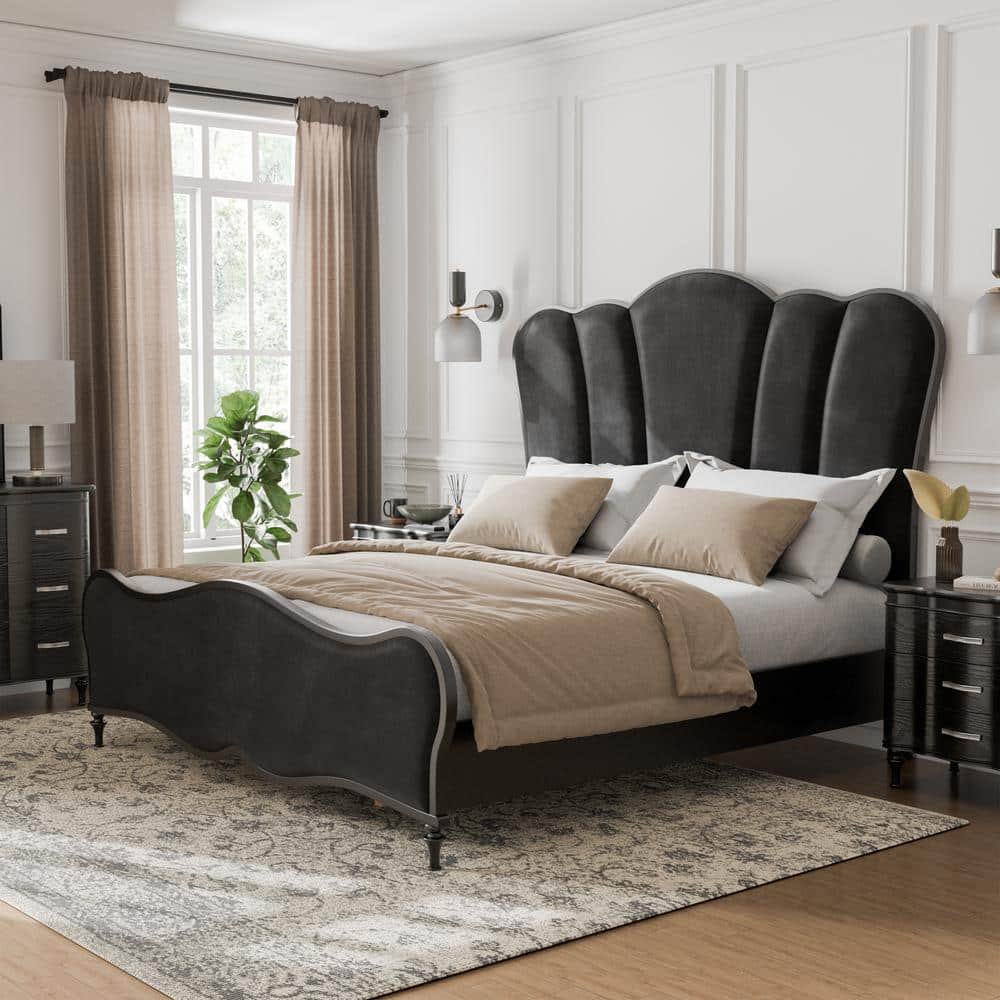 Seabliss Glam Black Velvet Wood Frame King Platform Bed with Padded Tall Headboard price history on PriceWatchPro