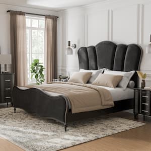 Seabliss Glam Black Velvet Wood Frame Queen Platform Bed with Padded Tall Headboard