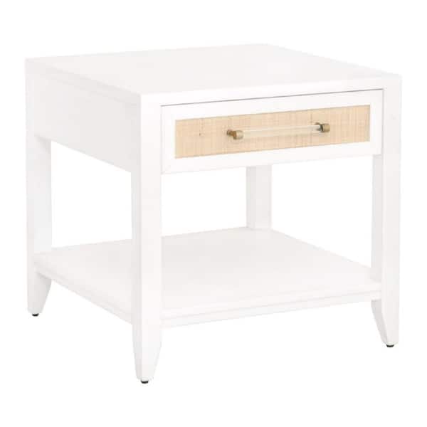 Benjara 24 in. White Rectangle Wood End Table with Rattan Weave and Acrylic Bar Pulls