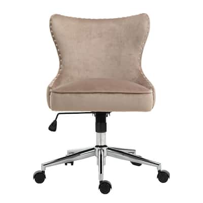 Ergonomic Taupe Velvect Seat Nailhead Trim Task Chair with Non-Adjustable Arms