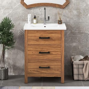 24.4 in. W x 18.3 in. D x 33.8 in. H Freestanding Bath Vanity in Natural Wood with White Ceramic Top Single Sink