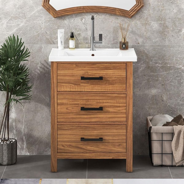 EPOWP 24.4 in. W x 18.3 in. D x 33.8 in. H Freestanding Bath Vanity in Natural Wood with White Ceramic Top Single Sink