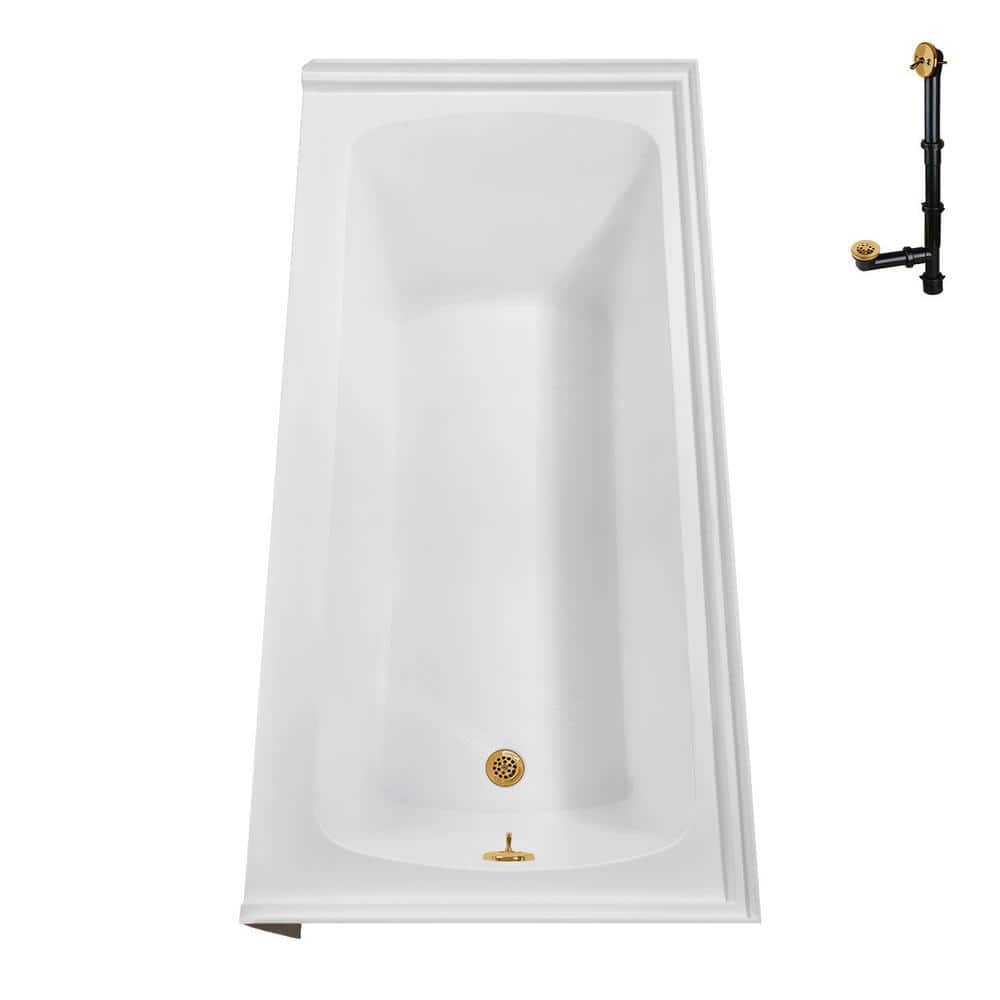 Glossy White Acrylic Alcove Bathtub with Brushed Gold Trim