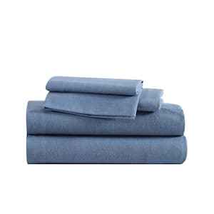 Solid 4-Piece Blue Cotton Flannel Full Sheet Set