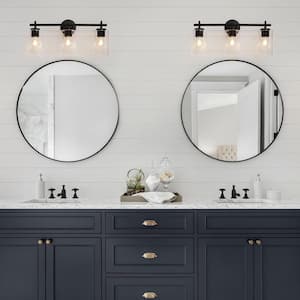 Modern Black Bathroom Vanity Light with Cylinder Clear Glass Shades 22 in. 3-Light Minimalist Powder Room Wall Sconce
