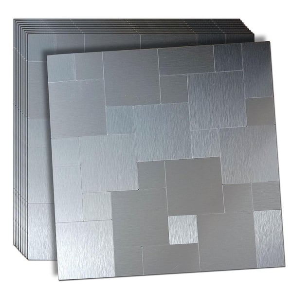 11.81 in. x 11.81 in. Silver Brushed Aluminum Self Adhesive Peel and Stick Backsplash (10-Pack)