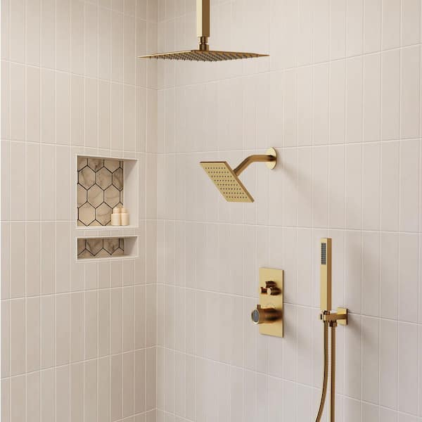 7-Spray Patterns Thermostatic 12 in., 6 in. Ceiling Mount Fixed and Handheld Shower Head in Brushed Gold