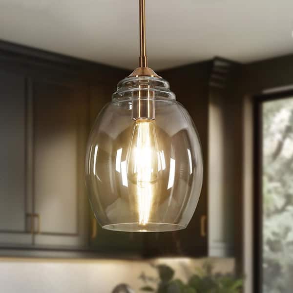 7.9 in. Modern Contemporary Plating Brass 1-Light Bell Dining Room, Kitchen Island Pendant Light with Clear Glass Shade