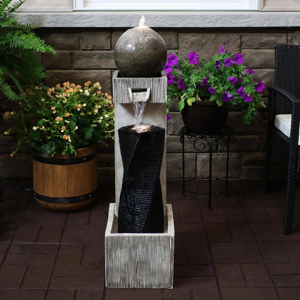 35" Black and Gray Polyresin Modern Outdoor Water Fountain with LED Lights